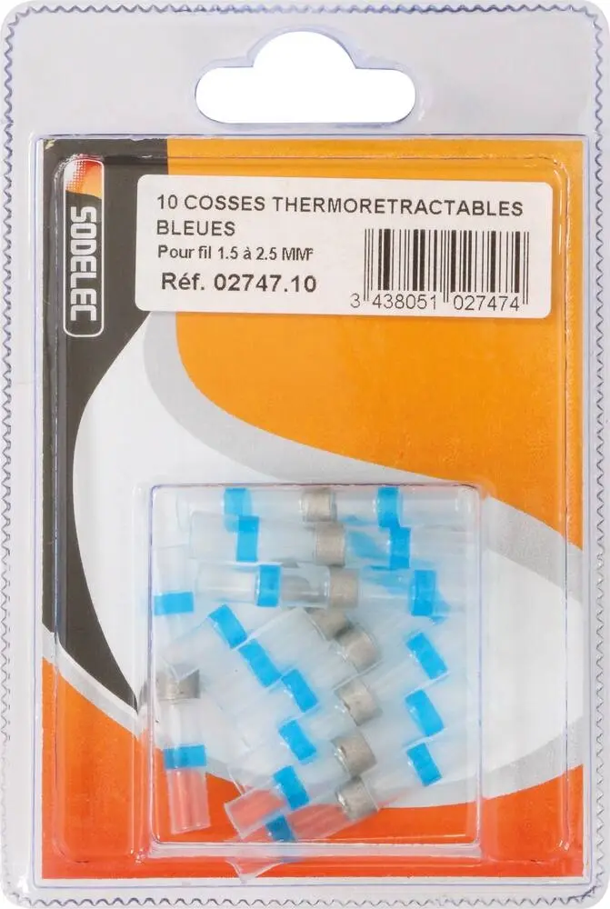 BLISTER 10 COSSES THERMORETRACTABLES BLEUES POUR FIL 1.5 A 2.5MM²