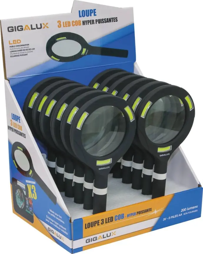 PRESENTOIR DE 12 LOUPES LED 02167 *3 COB SUR PILES AA